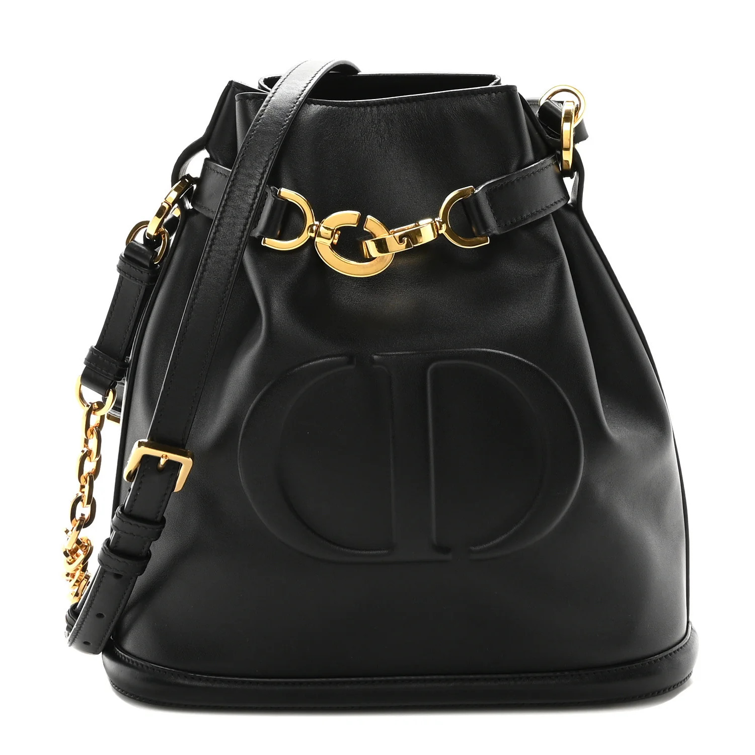 Calfskin CD Embossed Medium C'est Chain Bucket Bag Black | FASHIONPHILE (US)