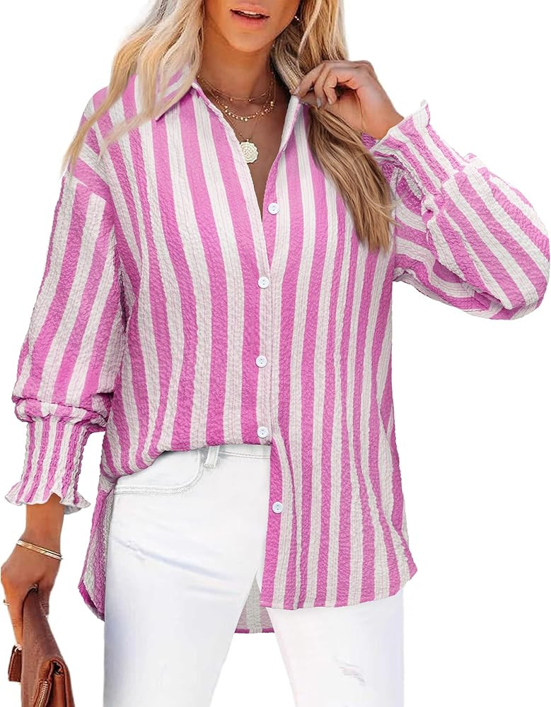 Women's Striped Button Down Shirts Long Sleeve Smocked Cuffed Oversized Boyfriend Blouses Collare... | Amazon (US)