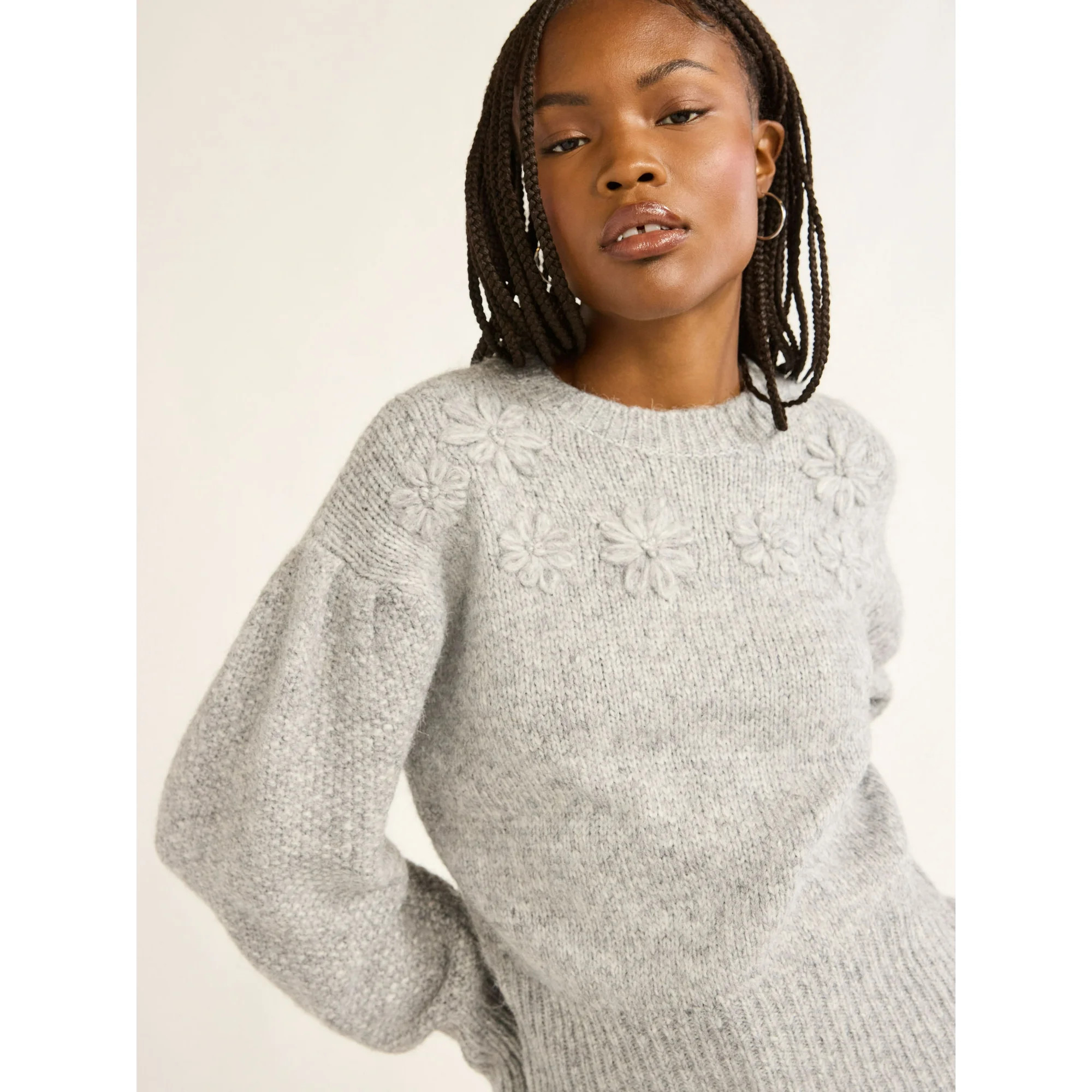 Free Assembly Women's Embroidered Flower Sweater with Long Sleeves, Midweight, Sizes XS-4X | Walmart (US)