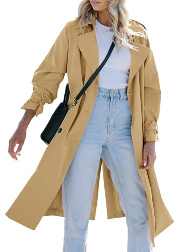 Tankaneo Womens Long Trench Coat Double Breasted Notch Lapel Lightweight Oversized Windproof Fall Overcoat with Belt | Amazon (US)