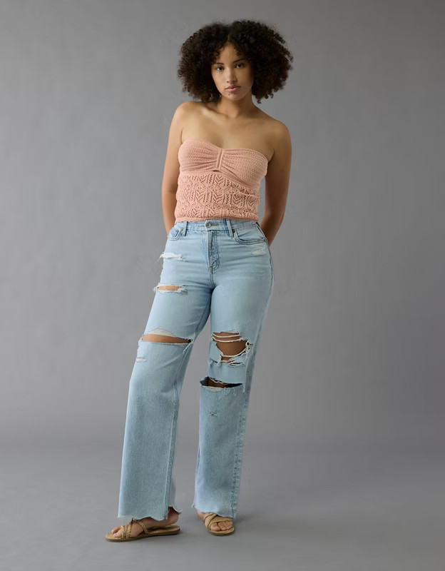 AE Strigid Curvy Ripped Super High-Waisted Baggy Straight Jean | American Eagle Outfitters (US & CA)