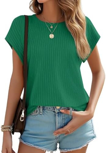 JUSTFASHIONNOW Womens Short Sleeve Blouses Business Casual Tops Crew Neck Basic Tees Textured Wor... | Amazon (US)