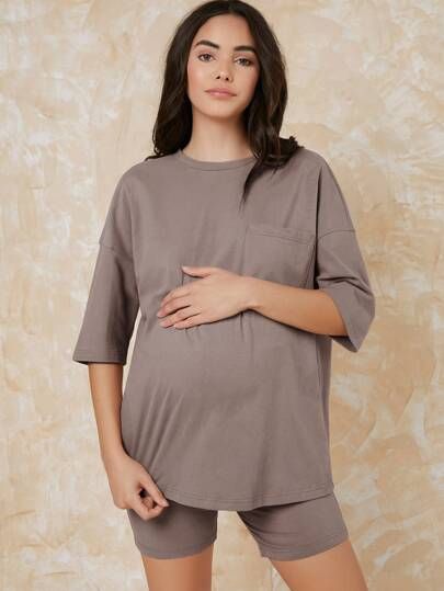 SHEIN Maternity Pocket Patched Drop Shoulder Tee and Legging Shorts PJ Set | SHEIN