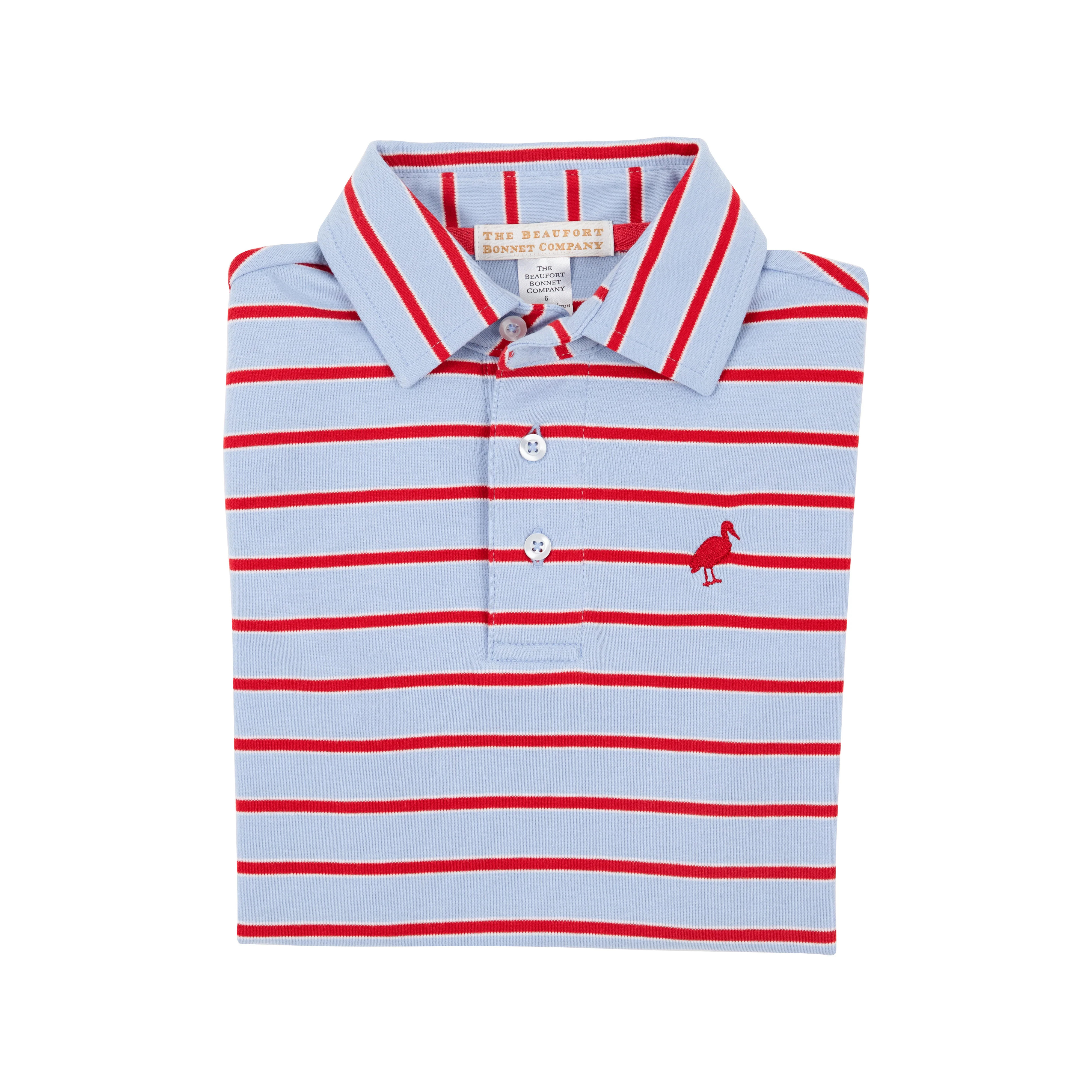 Prim & Proper Polo & Onesie - Broward Blue Stripe with Richmond Red Stork | The Beaufort Bonnet Company