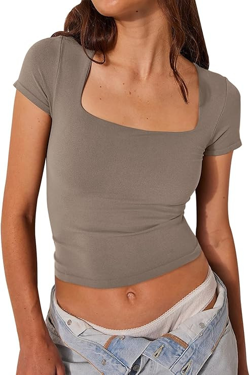Nutssfiree Womens Square Neck Short Sleeve Crop Tops Double Layer Tight T Shirts Cropped Basic Te... | Amazon (US)