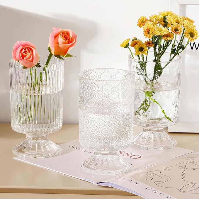Fixwal Vases for Flowers Set of 3 Vintage Glass Vase for Centerpieces, Embossed Base Vases for We... | Amazon (US)