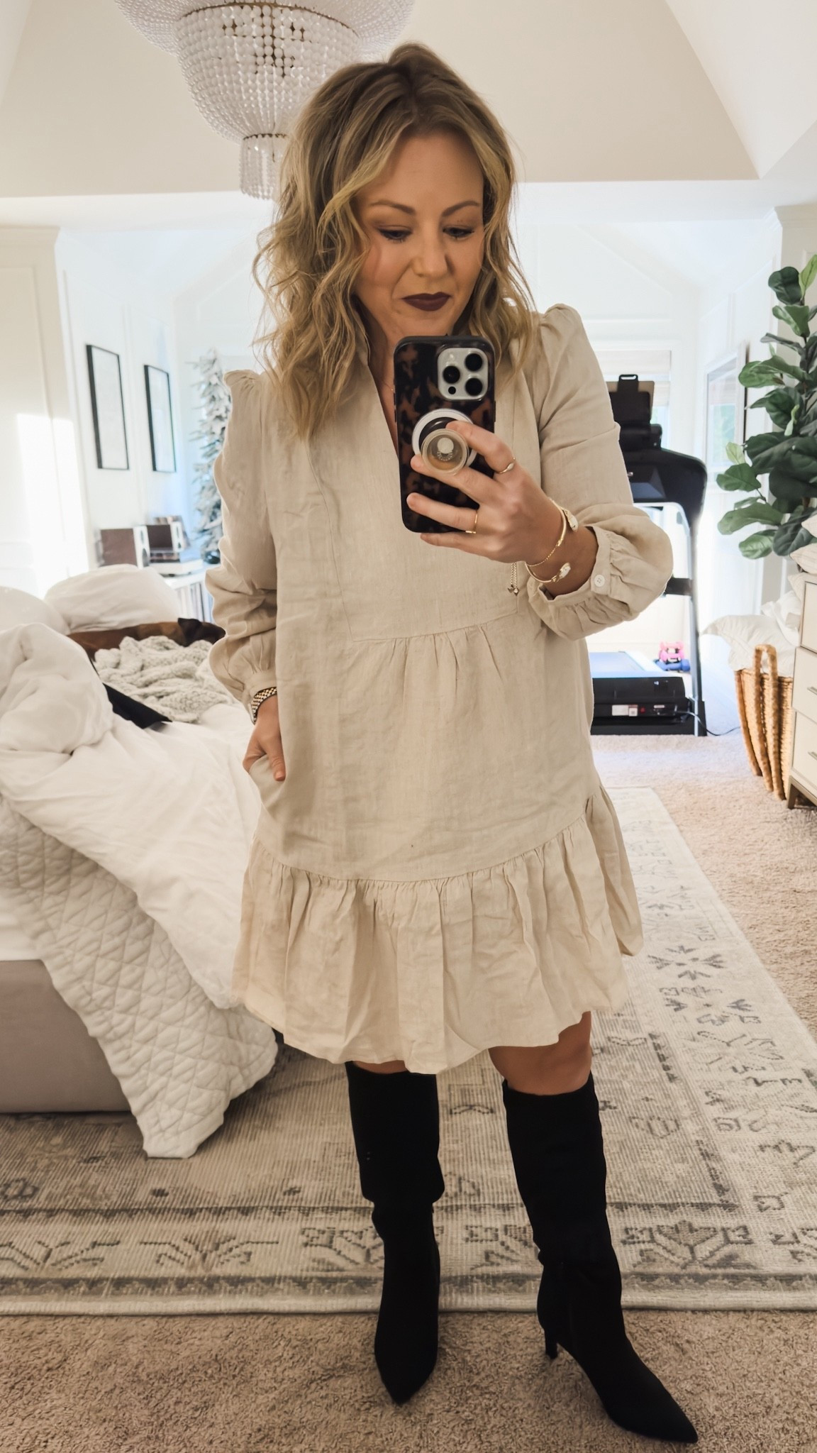 Sunday church outfit! Obsessed with this Tuckernuck dress- I now have it in a few different colors. This is the stone linen and it’s 60% off (!!) and still stocked in sizes S-XXXL! Fits TTS and I’m 5’3” and in a size medium. Love the collar detail.  Versatile enough for basically every season. The tall knee high suede boots (I now have the black and brown) are affordable and surprisingly comfortable- I can wear them all day! 

#LTKSaleAlert #LTKWorkwear #LTKOver40