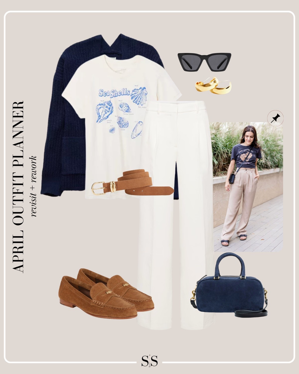 Monthly outfit planner APRIL: Spring transitional looks, revisit + rework outfit inspo | graphic tee, trousers, loafers, cardigan 

#springoutfit #casualstyle


#LTKStyleTip