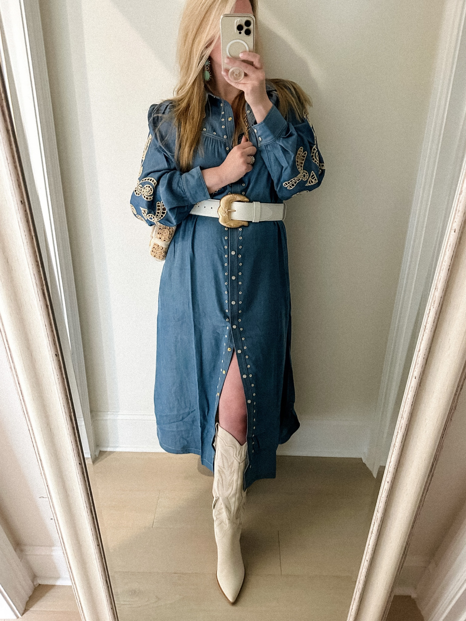 Western dress, western outfit, cowboy boots, denim dress, turquoise earrings, gold belt, woven chain strap shoulder bag. 

#LTKstyletip #LTKCon