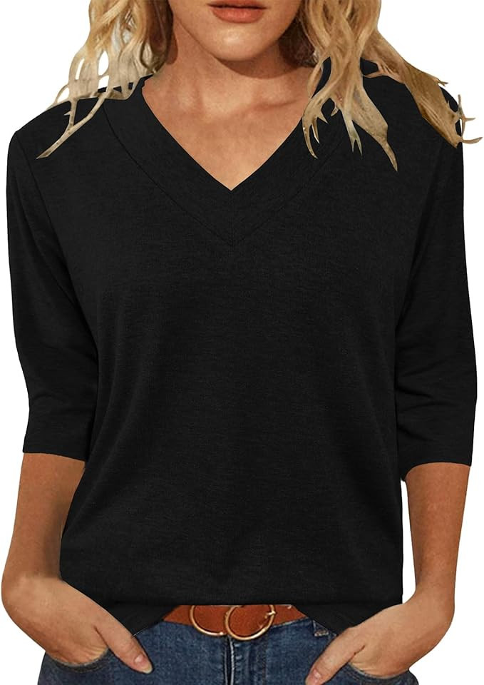Womens Tops 3/4 Length Sleeve Summer V Neck Shirts Casual Tunic Tops 2025 | Amazon (US)