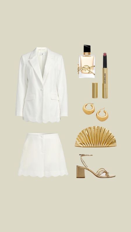 Spring summer occasionwear outfit - scallop hem white blazer & tailored shorts from my Very edit, gold heels & clutch bag, gold Monica vinader chunky hoop earrings, hourglass glossy balm lipstick & ysl Libre perfume  

#LTKeurope #LTKSeasonal #LTKstyletip