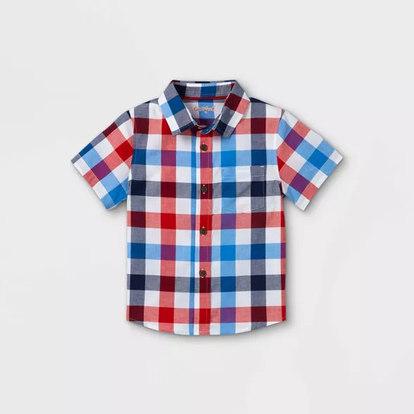 Toddler Boys' Plaid Poplin Woven Short Sleeve Button-Down Shirt - Cat & Jack™ Red | Target