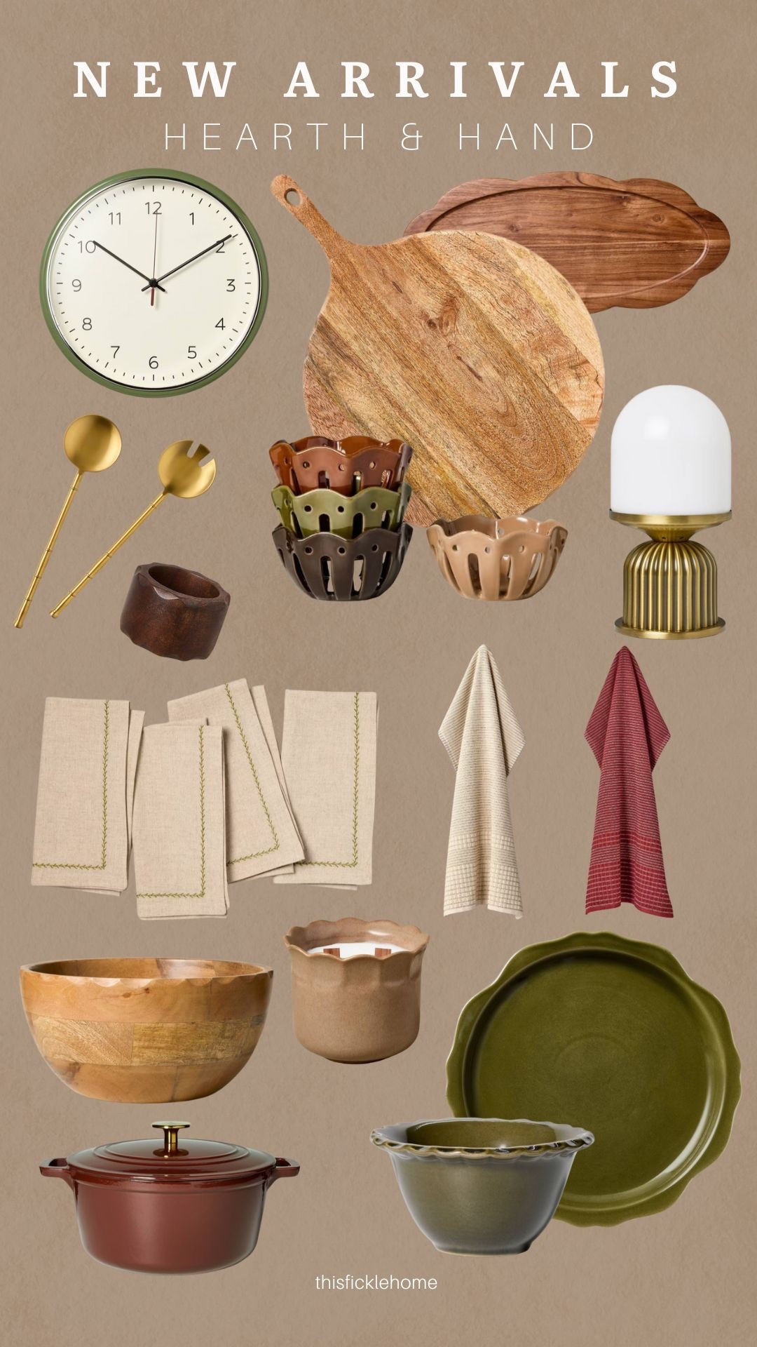 Fall kitchen style and Thanksgiving tablescape with new items from the Hearth & Hand collection at Target!

Green wall clock. Scalloped wood tray. Round wood serving board. Cloth napkins. Brass serve ware. Berry bowls. Dutch oven. Terry kitchen towels for fall.

#LTKSeasonal #LTKHome