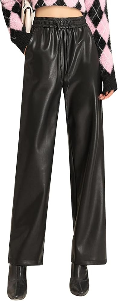 Yimoon Womens Faux Leather Pants Drawstring Elastic Waist PU Pants Wide Leg Trousers with Pockets | Amazon (US)