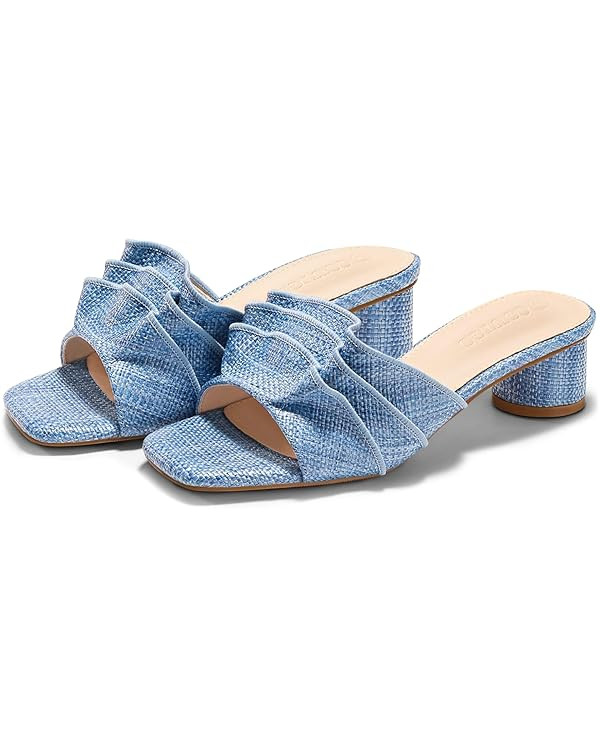 Coutgo Womens Raffia Chunky Low Heels Sandals Square Open Toe Mules Ruffle Slip On Summer Dress S... | Amazon (US)