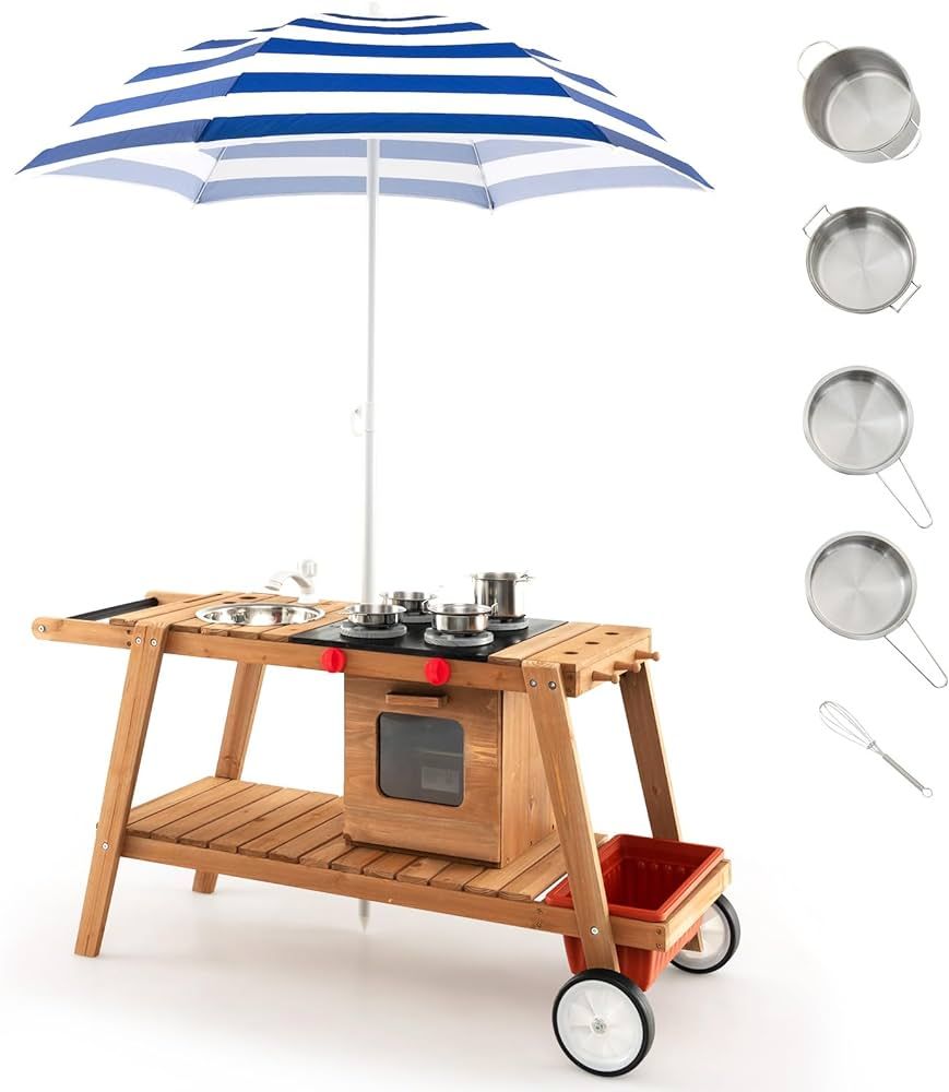 Costzon Mud Kitchen with Removable Umbrella, Wooden Play Kitchen with Wheels, Sink, Accessories, ... | Amazon (US)