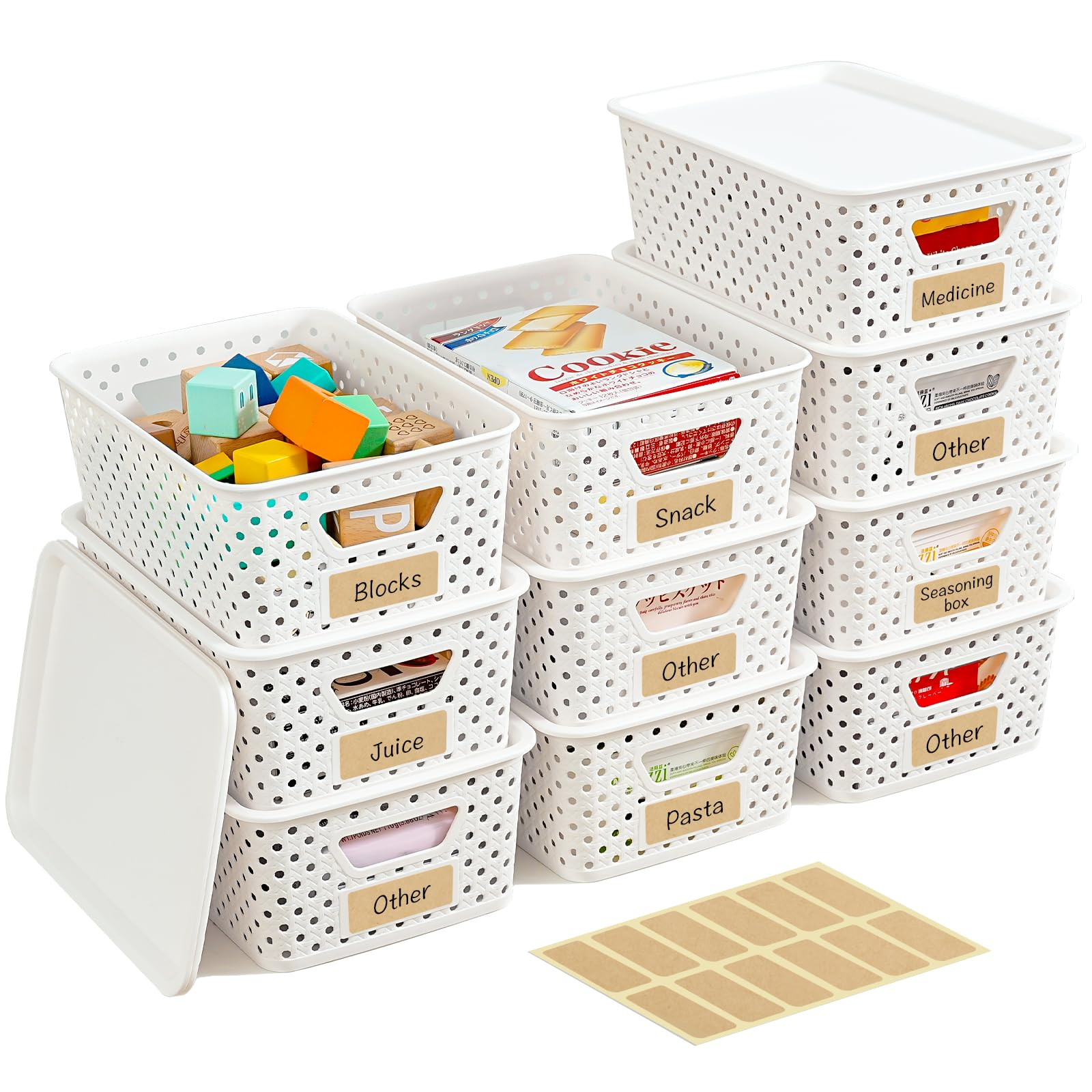 10 Pack Plastic Storage Bins with Lids, Stackable Plastic Storage Baskets for Organizing with Han... | Amazon (US)