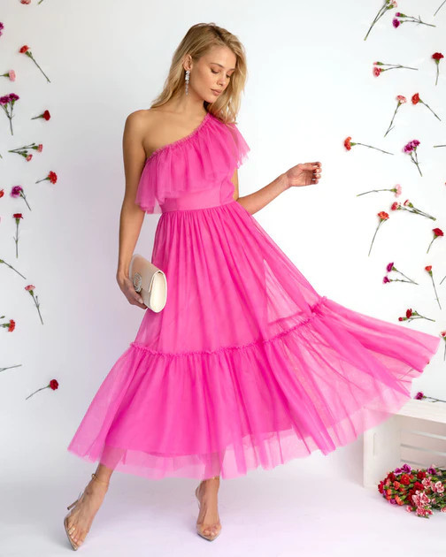 Adore You One Shoulder Tulle Tiered Midi Dress - Pink | VICI