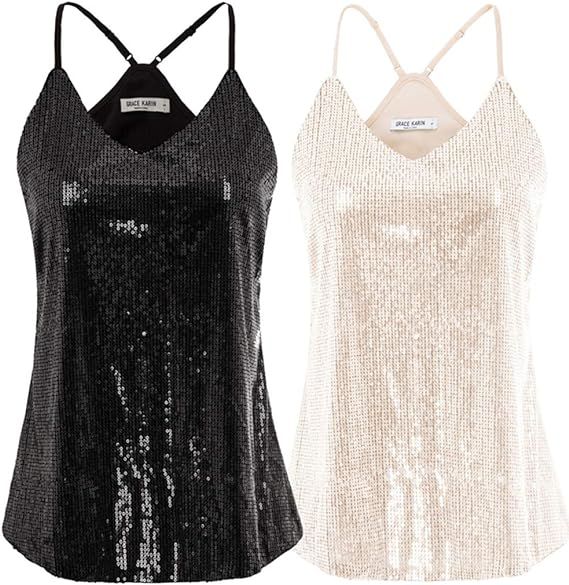 GRACE KARIN Women's Sleeveless Sparkle Shimmer Camisole Vest Sequin Tank Tops | Amazon (US)