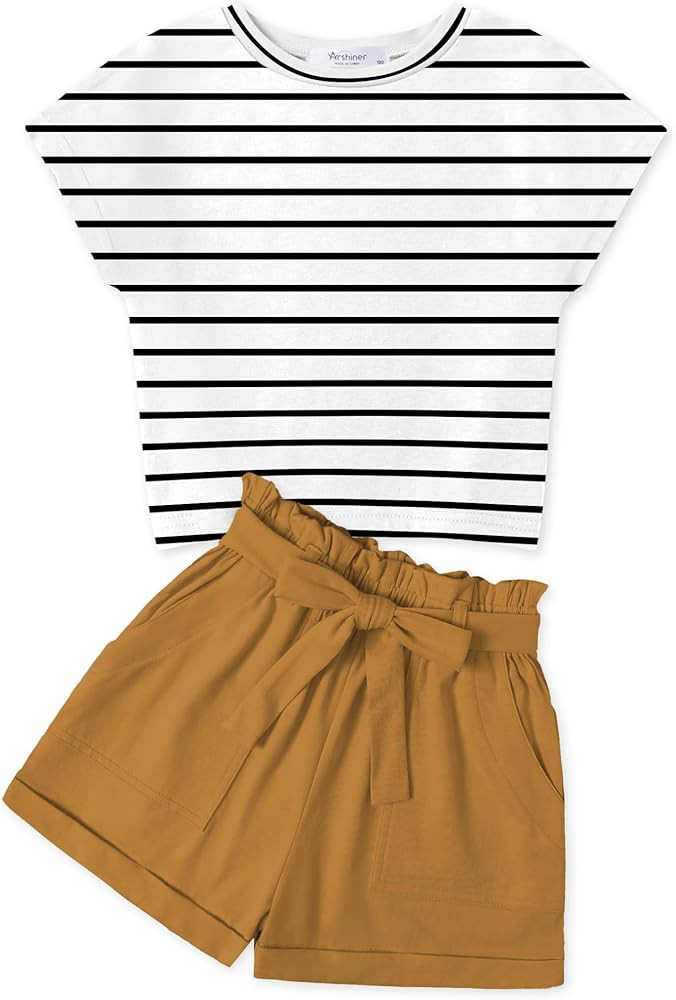 Arshiner Girls 2 Piece Outfit Summer Drop Shoulder Batwing Sleeve Tops and Paperbag Waist Shorts ... | Amazon (US)