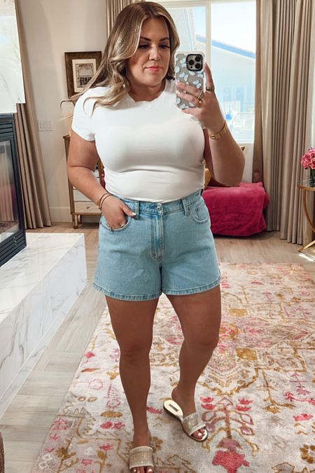 curvy spring denim shorts look! wearing size xl in fitted white cropped tee and size 32 in light wash denim shorts 

#LTKunder50 #LTKcurves #LTKSeasonal