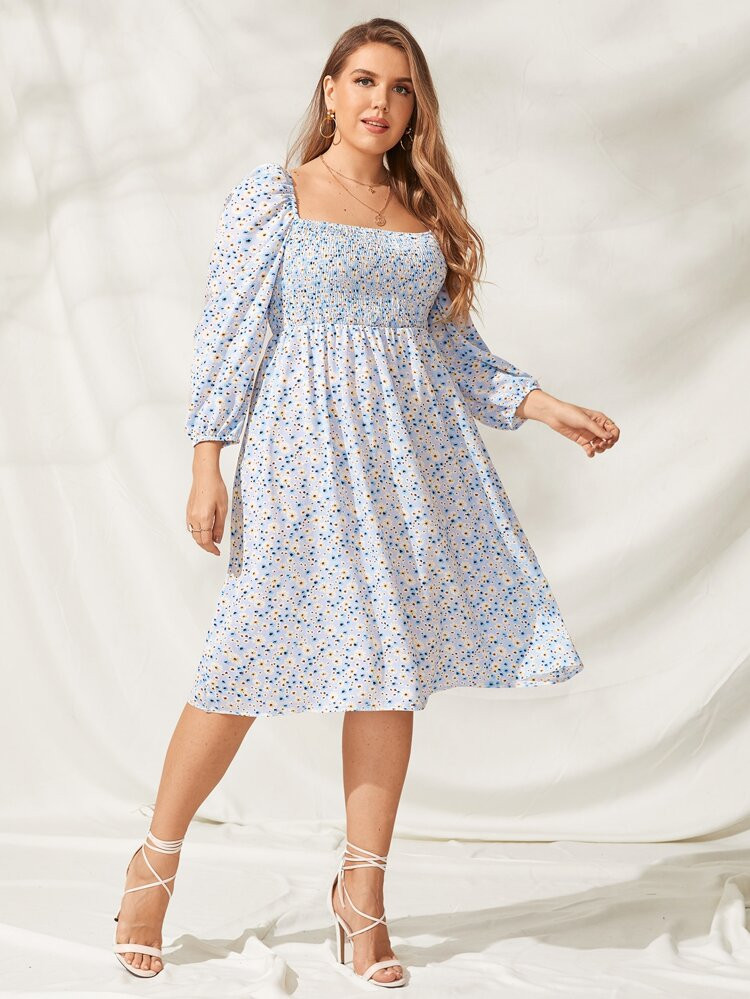Plus Ditsy Floral Print Milkmaid Dress | SHEIN