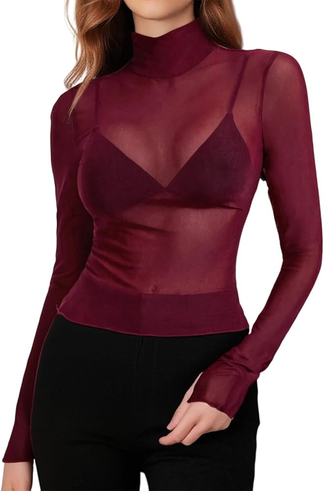 FEORJGP Womens Mesh Long Sleeve Tops Turtleneck See Through Slim Fitted Blouse Sheer Going Out Cl... | Amazon (US)