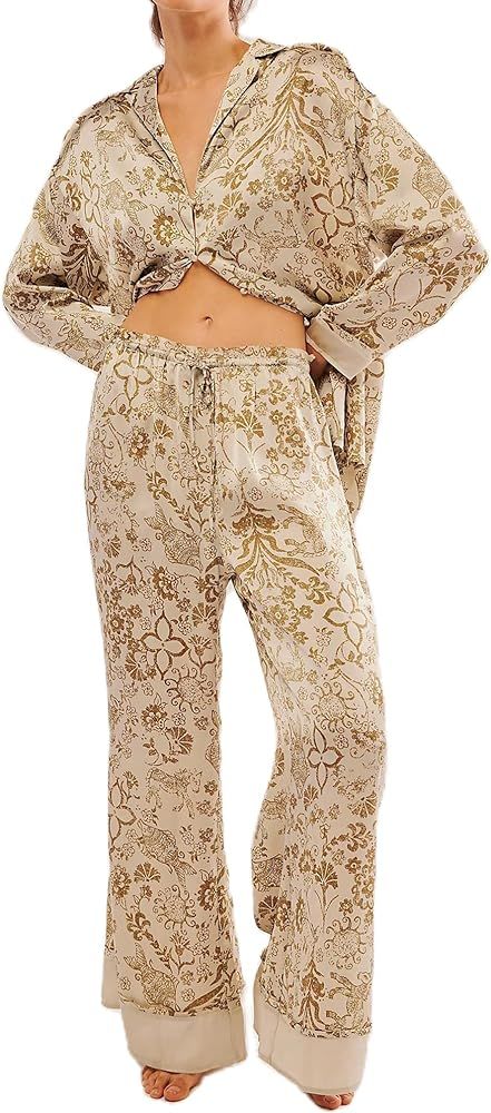 Women Satin Pajama Set Floral Silk Pajamas 2 Piece Lounge Sets Button Down Shirts Wide Leg Pants ... | Amazon (US)