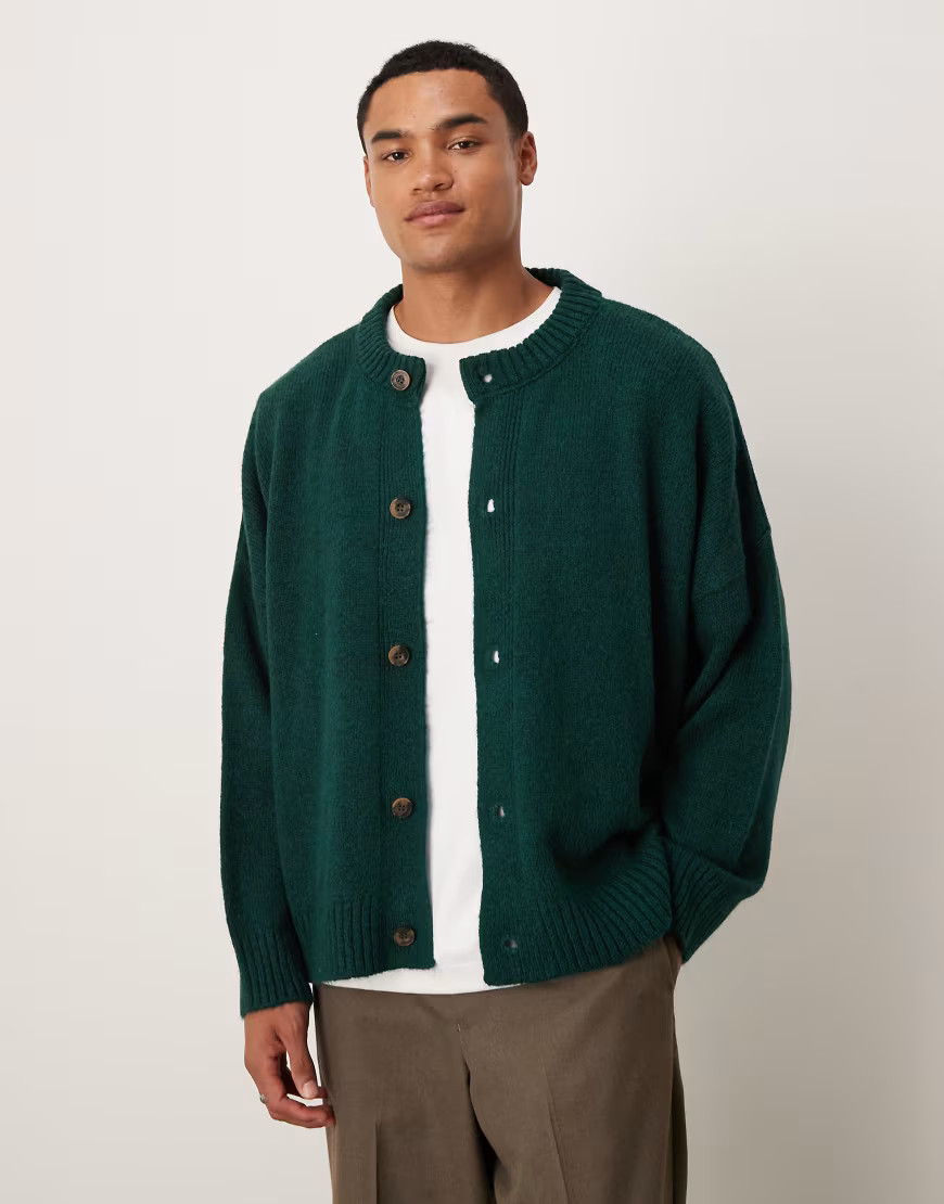 ASOS DESIGN super oversized boxy fit knitted crew neck cardigan in dark green | ASOS (Global)