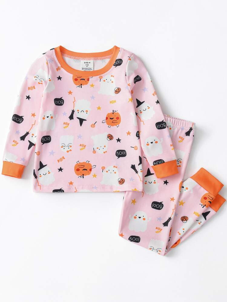 Girls Halloween Pumpkin & Cartoon Graphic Snug Fit PJ Set | SHEIN