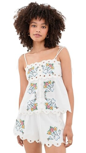 MOON RIVER Women's Scallop Floral Embroidered Top, White Multi, S | Amazon (US)