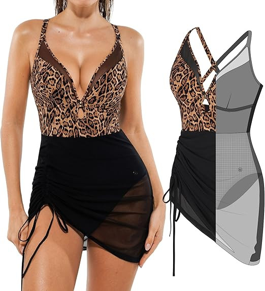 Popilush Swim Dress for Women One Piece Swimsuits Tummy Control Slimming Mesh Sheer Sarong Wraps ... | Amazon (US)