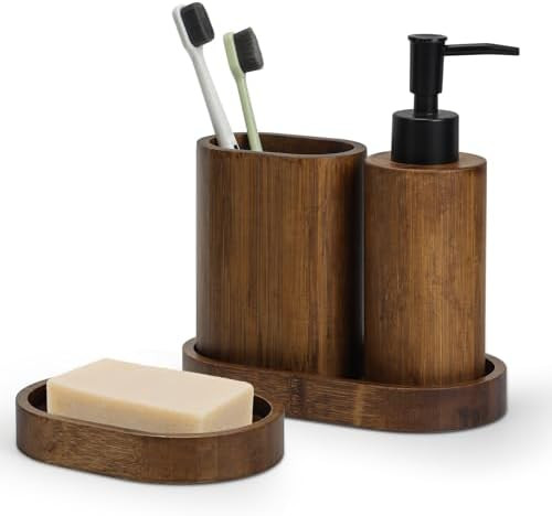 Bathroom Accessory Set, 4 Pieces, Carbonized Bamboo, Soap Dish, Soap Dispenser, Tray, Mouthwash C... | Amazon (US)