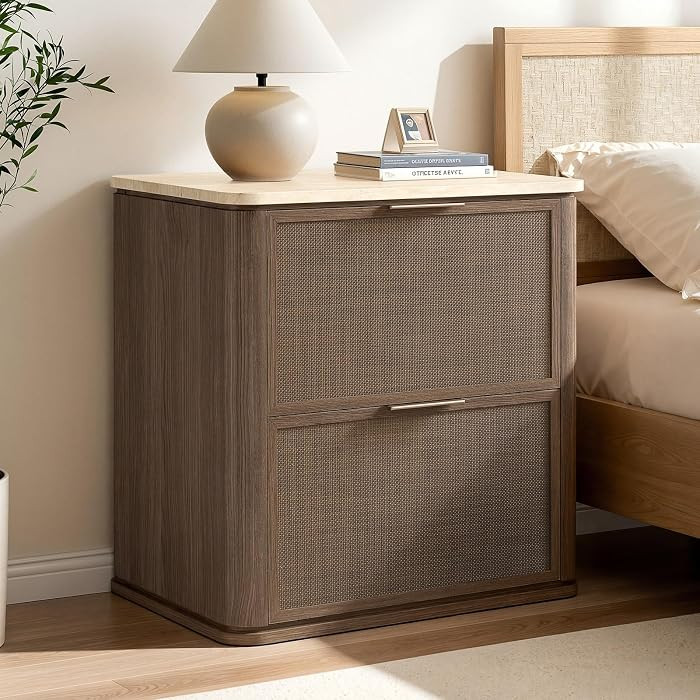 Night Stand, 23.11" W Rattan Nightstand with 2 Drawers, Faux Marble Top Bedside Table, Boho Mid C... | Amazon (US)
