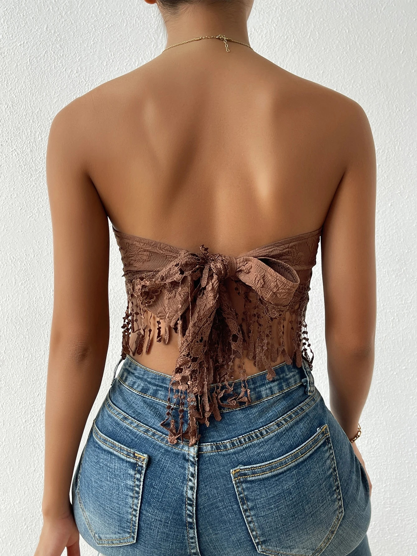 Jacquard Guipure Lace Fringe Hem Tie Back Crop Tube Top | SHEIN