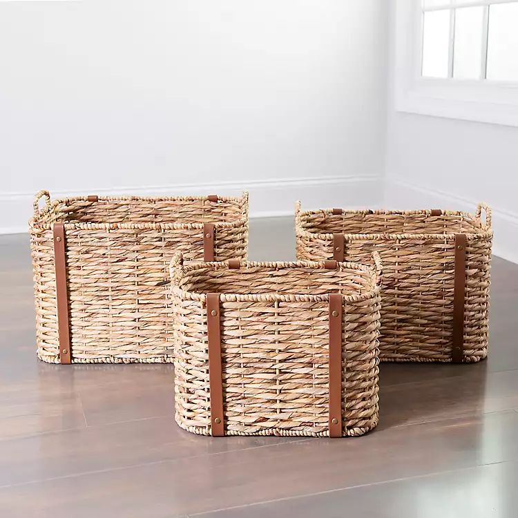 Water Hyacinth Baskets with Leather Trim, Set of 3 | Kirkland's Home