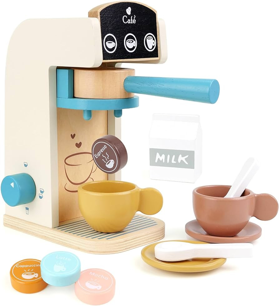 PairPear Kids Wooden Toys Coffee Maker Toy Espresso Machine Playset - Toddler Play Kitchen Access... | Amazon (US)