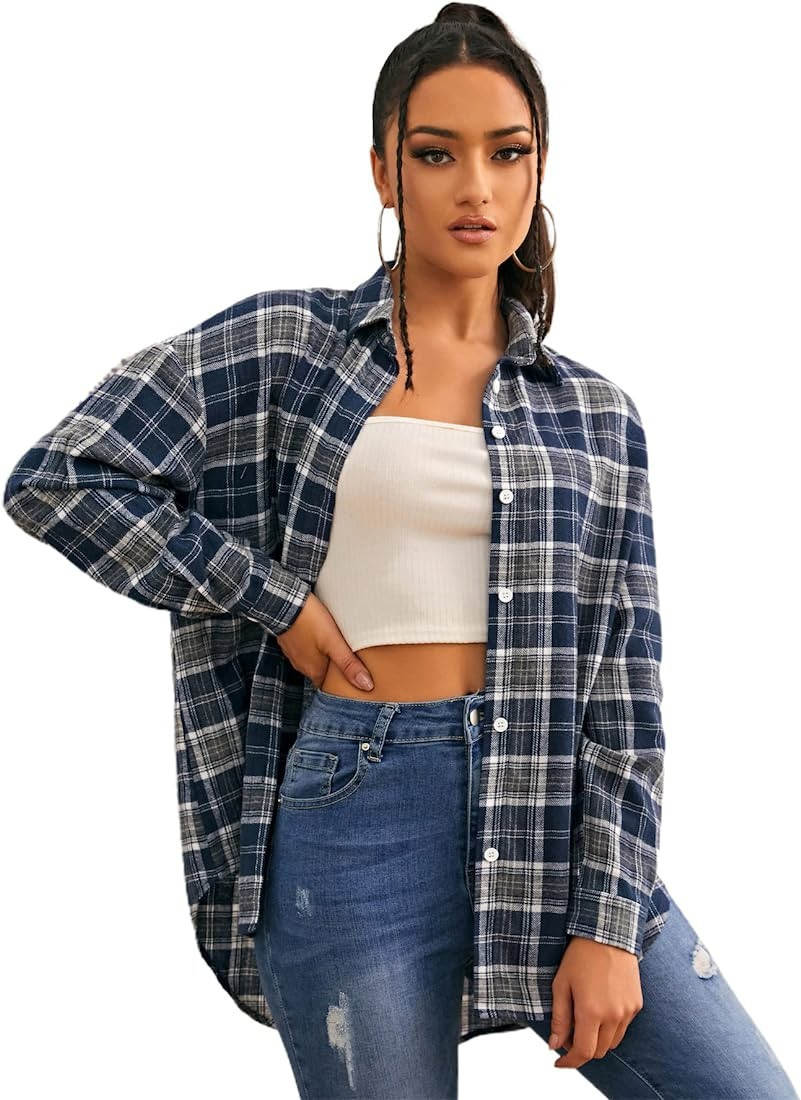 MakeMeChic Women's Plaid Shirts Oversized Flannels Shacket Jacket | Amazon (US)