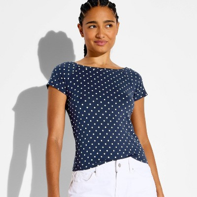 Women's Short Sleeve Off the Shoulder T-Shirt - Wild Fable™ Navy Blue Polka Dots XS | Target