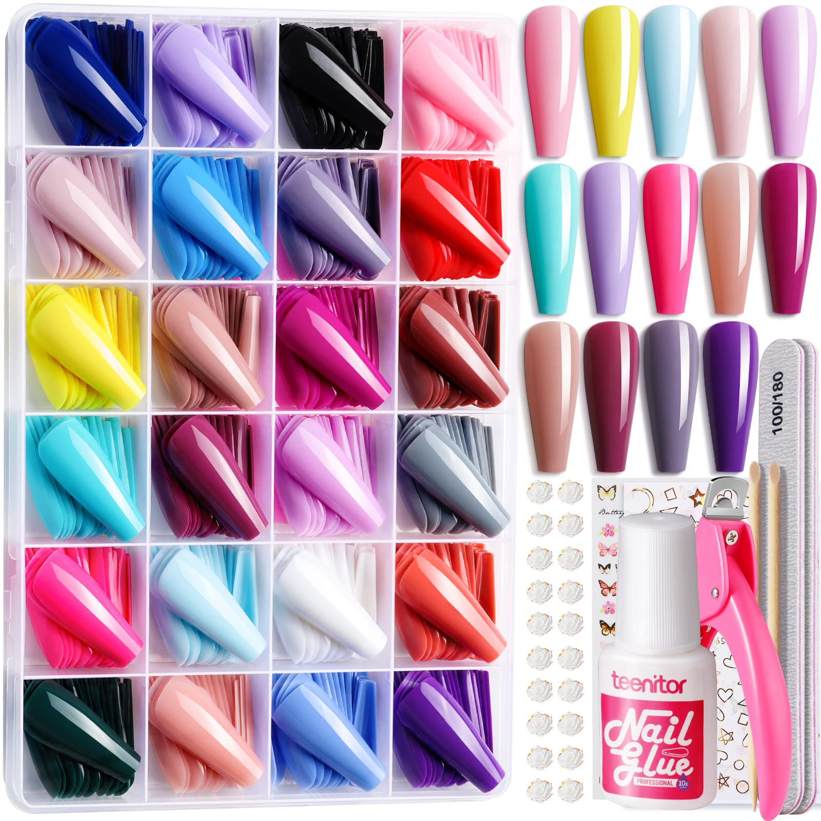 Teenitor Full Cover Color Press On Coffin Nails, 576pcs Fake Nail Tips in 24 Colors, Glue On Long... | Amazon (US)