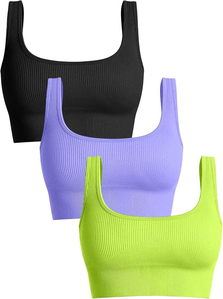 OQQ Women's 3 Piece Medium Support Tank Top Ribbed Seamless Removable Cups Workout Exercise Sport Br | Amazon (US)