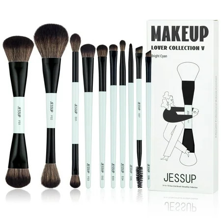 Jessup Makeup Brushes Set 10pcs Double Sided Foundation Contour Blush Highlight Blending Eyebrow Brush Eyeshadow Eyeliner Concealer Brush Bright Cyan Cruelty Free Cosmetic Tools T500 | Walmart (US)