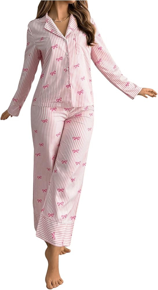 MakeMeChic Women's 2 Piece Pajama Set Bow Striped Long Sleeve Button Down Shirt and Straight Leg ... | Amazon (US)