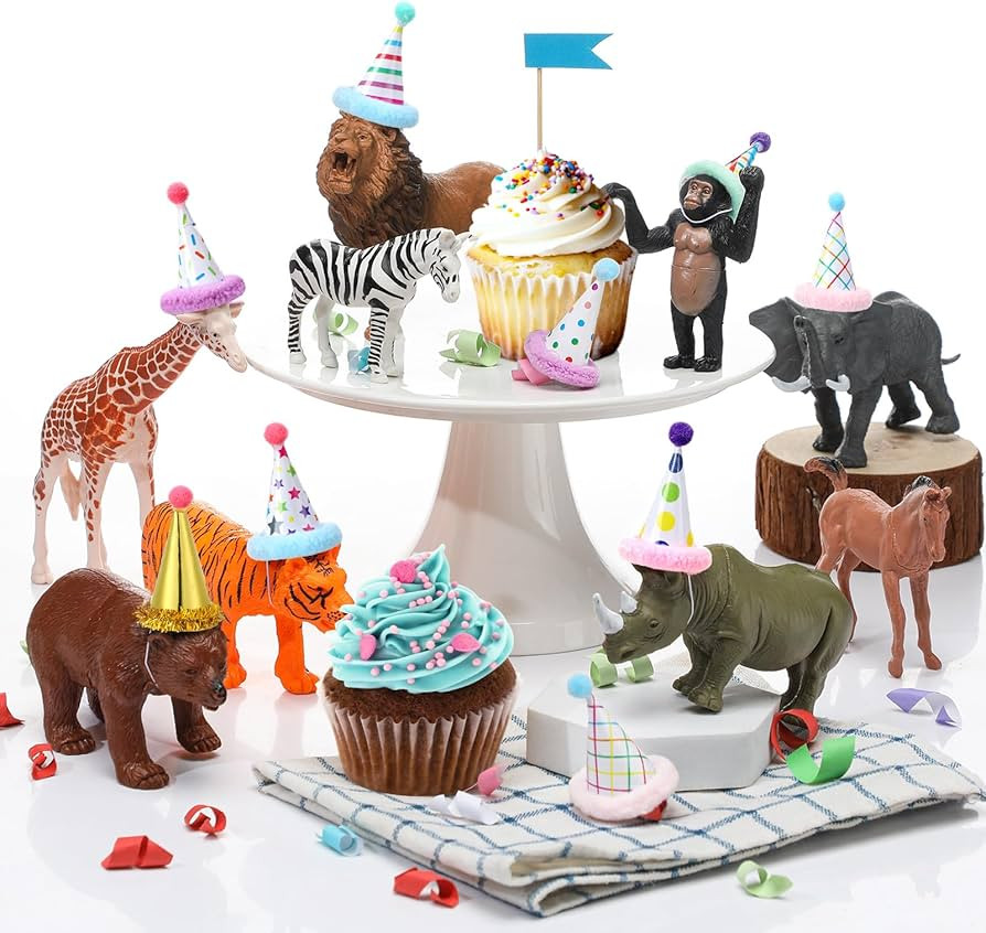 Colingmill 18 Pcs Jungle Animal Birthday Party Decorations Mini Birthday Hat Animal Figure Model ... | Amazon (US)