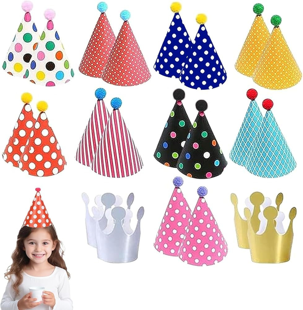 Ninnyi 22 PCS Mini Party Hats with Pom Poms, Cone Birthday Hats Cute Crown for Adults Kids Toy An... | Amazon (UK)