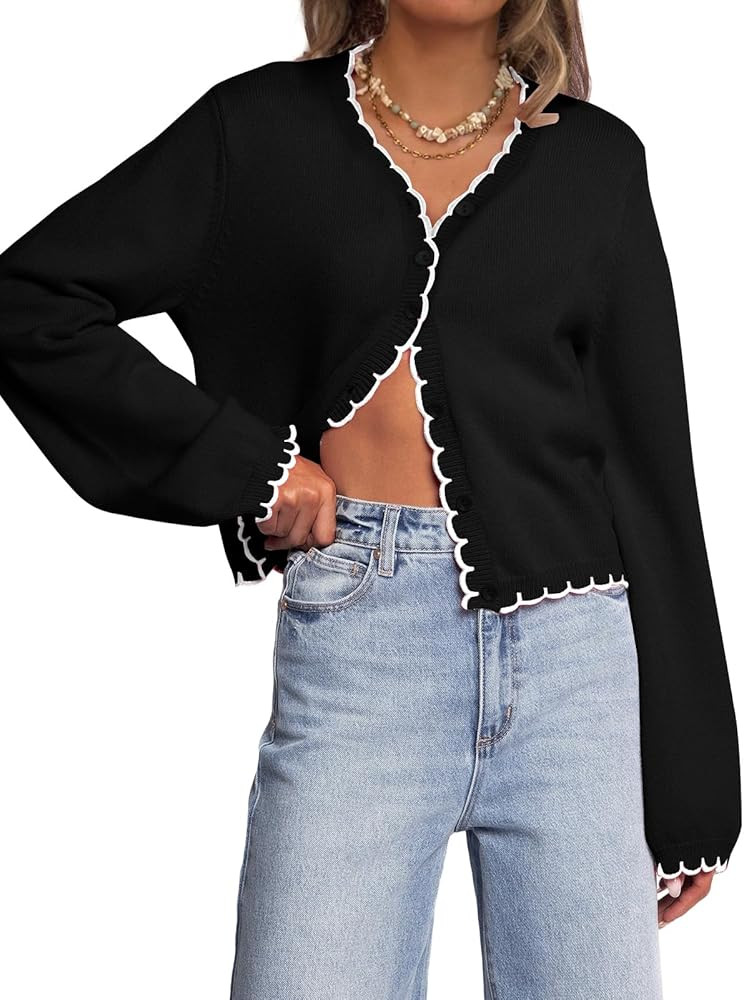 Women Long Sleeve Cardigan Button Down Knit Jackets Open Front Cropped Contrast Color Trim Sweate... | Amazon (US)