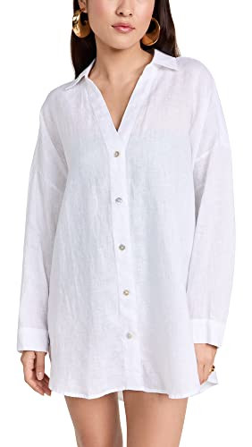 L*Space Rio Tunic for Women, Button Down Collared Shirt, Long Sleeve Top With Buttoned Cuffs, Beach Coverup, 100% Linen, White, XL | Amazon (US)