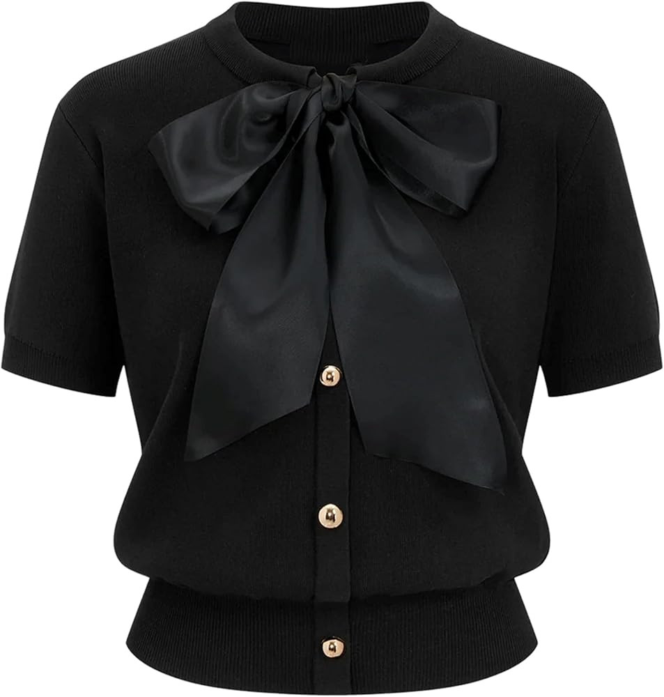 Yeokou Women's Satin Bow Short Sleeve Knit Cardigan Metal Button Crew Neck Casual Sweater Top for... | Amazon (US)