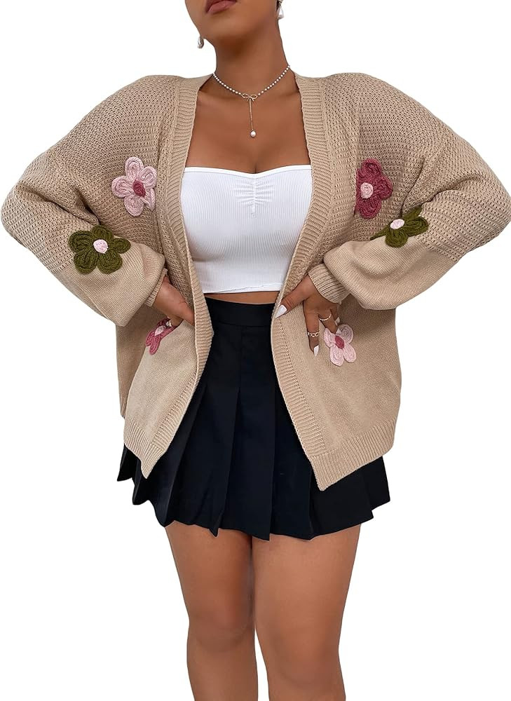 Women's Plus Size Graphic Print Button Front V Neck Cardigan Sweater | Amazon (US)