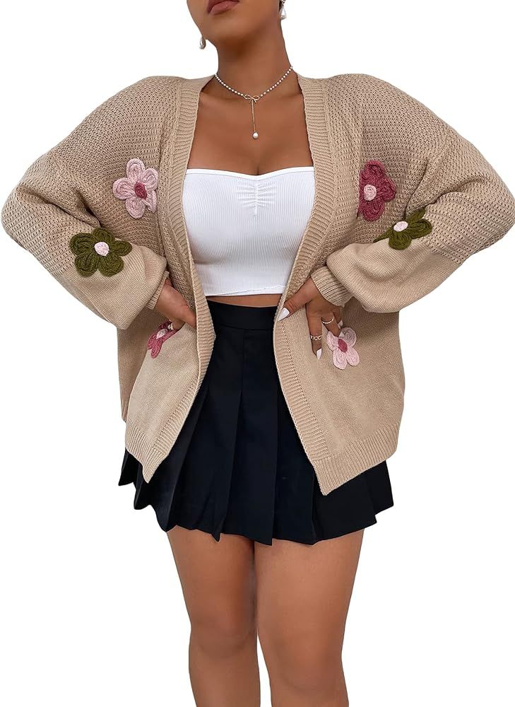 Women's Plus Size Graphic Print Button Front V Neck Cardigan Sweater | Amazon (US)